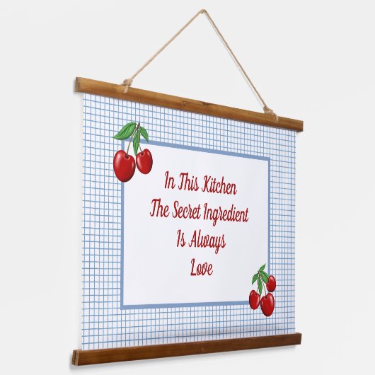 Rode kersen op Blauwe Keuken Hangend Wandkleed (Gebogen)