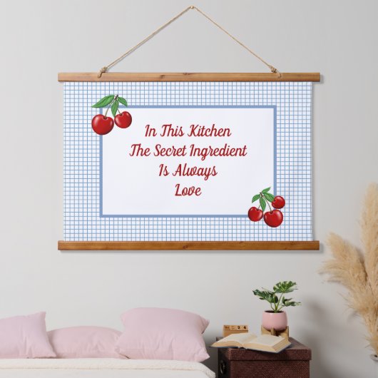 Rode kersen op Blauwe Keuken Hangend Wandkleed (Slaapkamer)