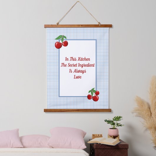 Rode kersen op Blauwe Keuken van de Afdruk Hangend Wandkleed (Slaapkamer)