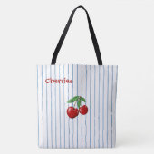 Rode kersen op blauwe strepen, gepersonaliseerd tote bag (Voorkant)
