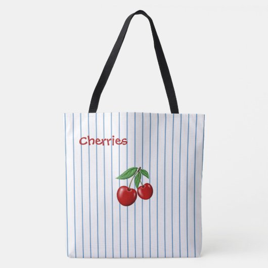 Rode kersen op blauwe strepen, gepersonaliseerd tote bag (Voorkant)
