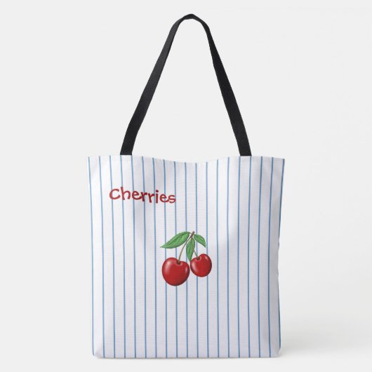 Rode kersen op blauwe strepen, gepersonaliseerd tote bag (Achterkant)