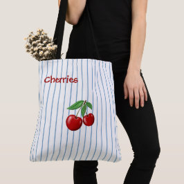 Rode kersen op blauwe strepen, gepersonaliseerd tote bag