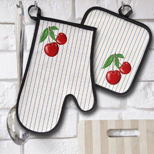 Rode Kersen op Blauwe Strepen Ovenwant & Pannenlap Set