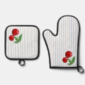 Rode kersen op blauwe strepen ovenwant & pannenlap set (Voorkant)