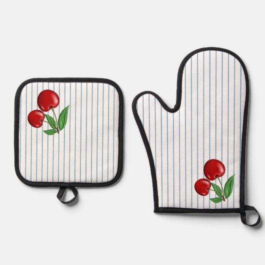 Rode kersen op blauwe strepen ovenwant & pannenlap set (Voorkant)