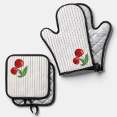 Rode kersen op blauwe strepen ovenwant & pannenlap set (Voorkant / Achterkant)