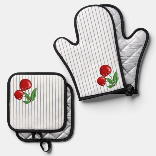 Rode kersen op blauwe strepen ovenwant & pannenlap set (Voorkant / Achterkant)