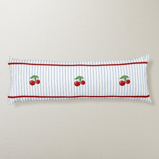 Rode Kersen op Blauwe Strepen Patroon Lichaamskussen (Achterkant)