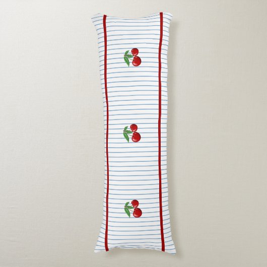 Rode Kersen op Blauwe Strepen Patroon Lichaamskussen (Voorkant Verticaal)