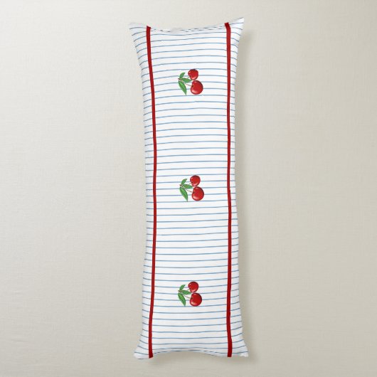 Rode Kersen op Blauwe Strepen Patroon Lichaamskussen (Achterkant (Verticaal))