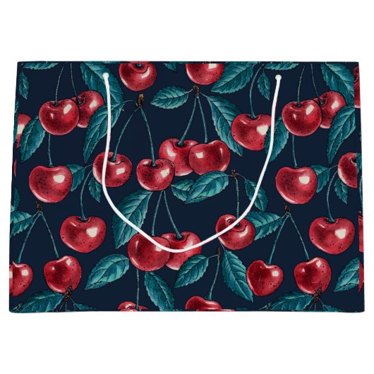 Rode kersen op donkerblauw groot cadeauzakje (Voorkant)