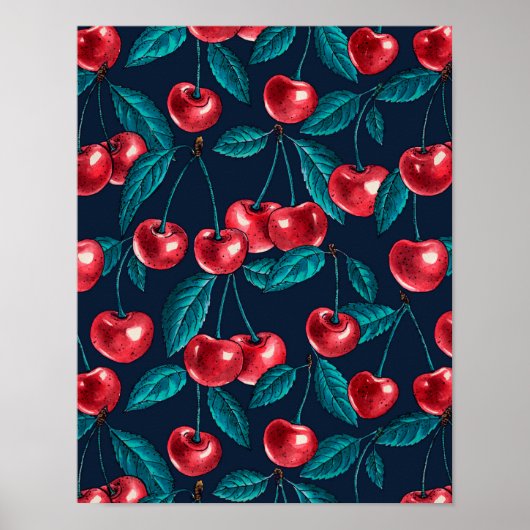 Rode kersen op donkerblauw poster (Voorkant)