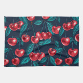 Rode kersen op donkerblauw theedoek (Horizontaal)