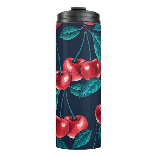 Rode kersen op donkerblauw thermosbeker