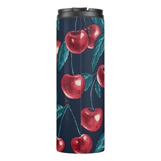 Rode kersen op donkerblauw thermosbeker (Achterkant)