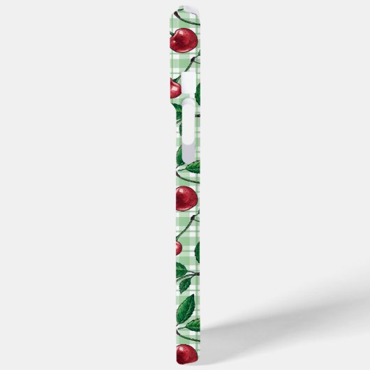 Rode kersen op lichtgroene gingham Case-Mate iPhone case (Achterkant / Links)