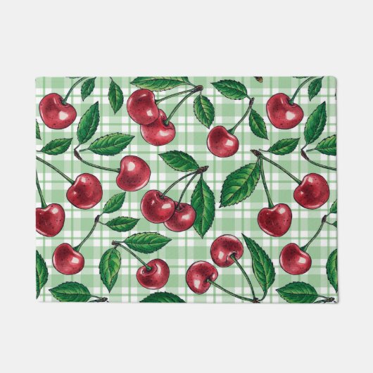 Rode kersen op lichtgroene gingham deurmat (Voorkant)