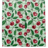 Rode kersen op lichtgroene gingham douchegordijn (Voorkant)