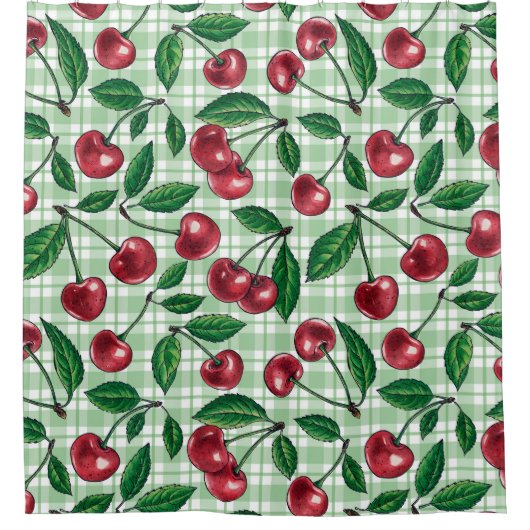 Rode kersen op lichtgroene gingham douchegordijn (Voorkant)