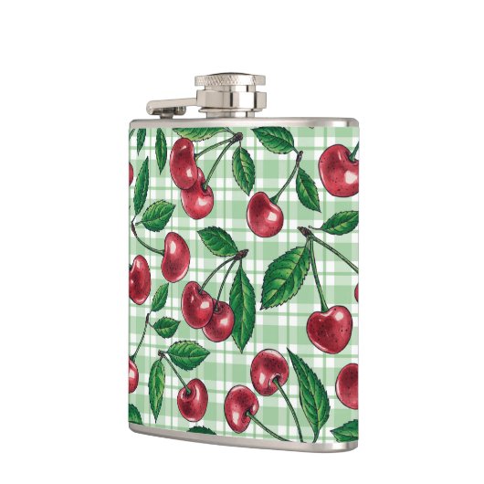 Rode kersen op lichtgroene gingham heupfles (Links)