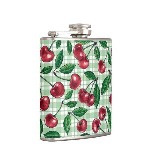 Rode kersen op lichtgroene gingham heupfles (Rechts)