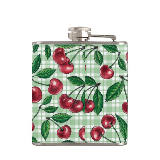 Rode kersen op lichtgroene gingham heupfles (Achterkant)