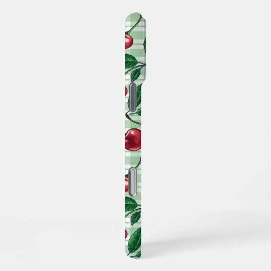 Rode kersen op lichtgroene gingham iPhone hoesje (Rechterkant)