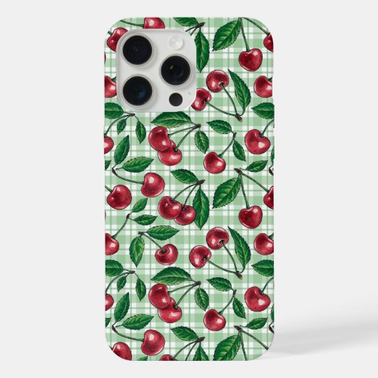 Rode kersen op lichtgroene gingham iPhone hoesje (Achterkant)