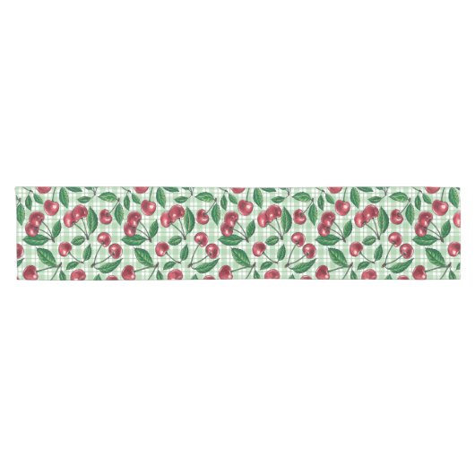 Rode kersen op lichtgroene gingham korte tafelloper (Horizontaal)