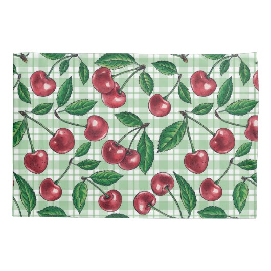 Rode kersen op lichtgroene gingham kussensloop (Achterkant-Links)