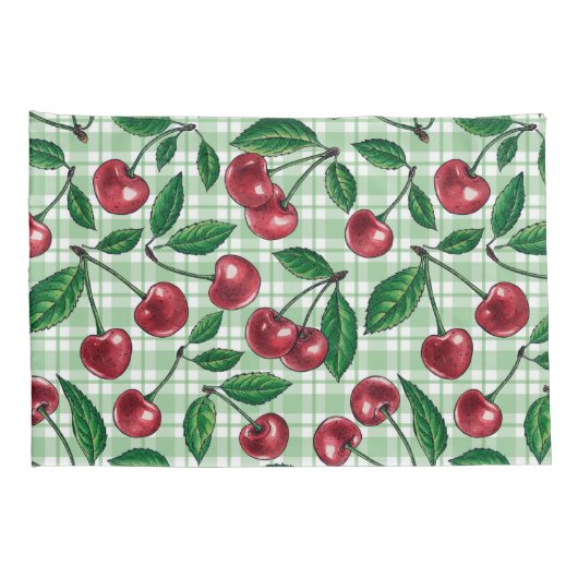 Rode kersen op lichtgroene gingham kussensloop (Achterkant-Rechts)