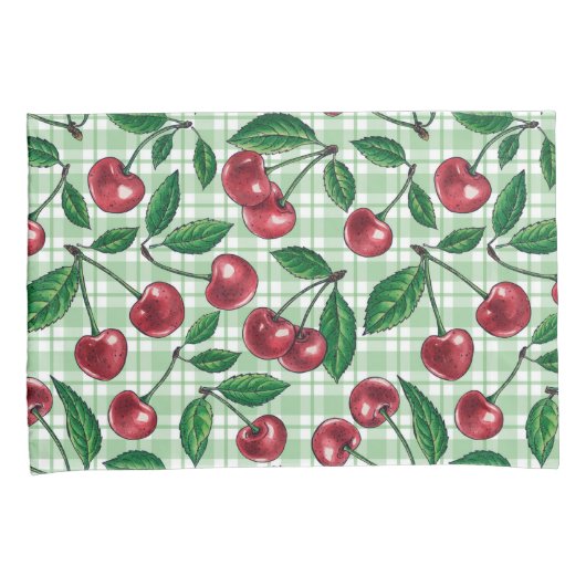Rode kersen op lichtgroene gingham kussensloop (Voorkant-Rechts)