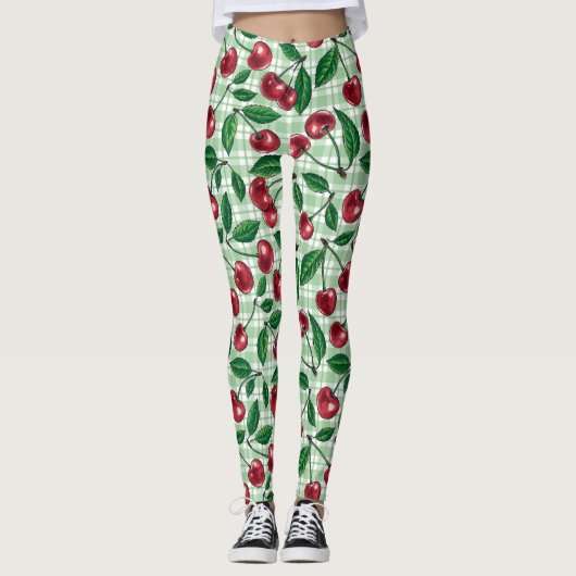 Rode kersen op lichtgroene gingham leggings (Voorkant)