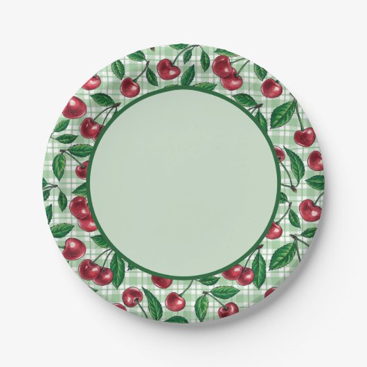 Rode kersen op lichtgroene gingham papieren bordje (Voorkant)