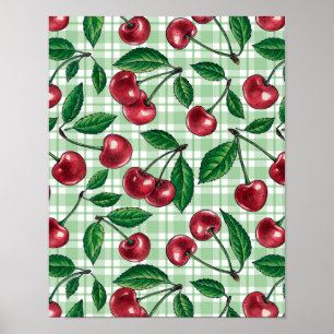 Rode kersen op lichtgroene gingham poster