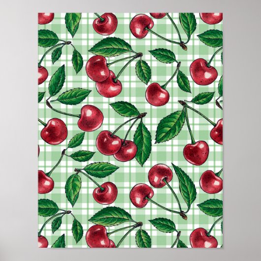 Rode kersen op lichtgroene gingham poster (Voorkant)