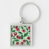 Rode kersen op lichtgroene gingham sleutelhanger (Voorkant)