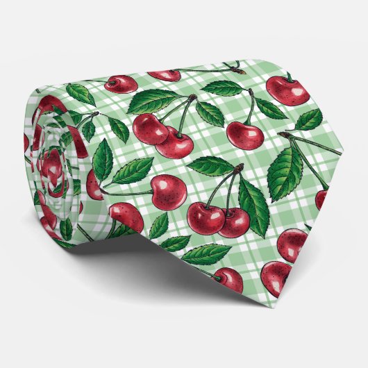 Rode kersen op lichtgroene gingham stropdas (Opgerold)