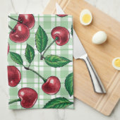 Rode kersen op lichtgroene gingham theedoek (Quarter Fold)