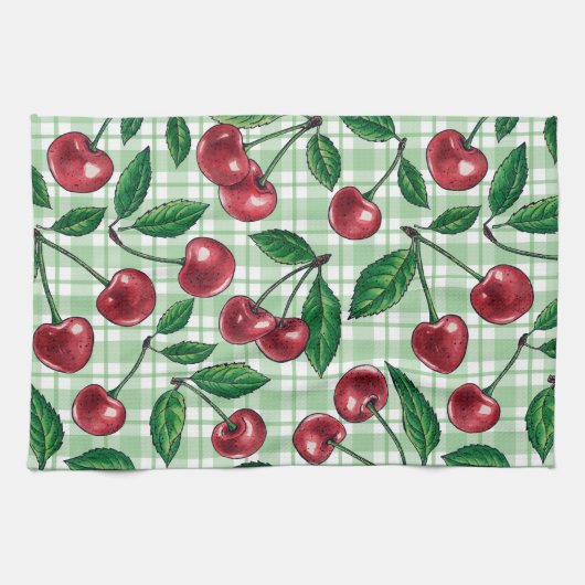 Rode kersen op lichtgroene gingham theedoek (Horizontaal)