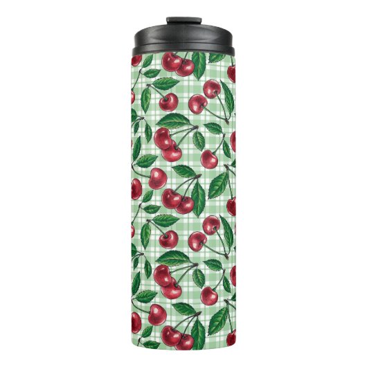 Rode kersen op lichtgroene gingham thermosbeker (Voorkant)