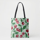 Rode kersen op lichtgroene gingham tote bag (Voorkant)