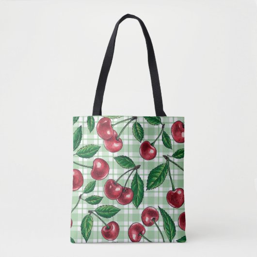 Rode kersen op lichtgroene gingham tote bag (Voorkant)