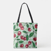 Rode kersen op lichtgroene gingham tote bag (Achterkant)