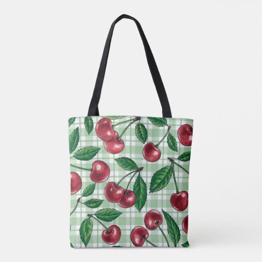 Rode kersen op lichtgroene gingham tote bag (Achterkant)