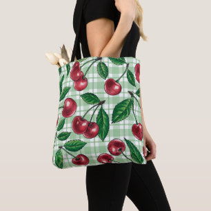 Rode kersen op lichtgroene gingham tote bag
