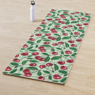 Rode kersen op lichtgroene gingham yogamat