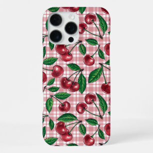 Rode kersen op roze geruit iPhone 16 pro max hoesje