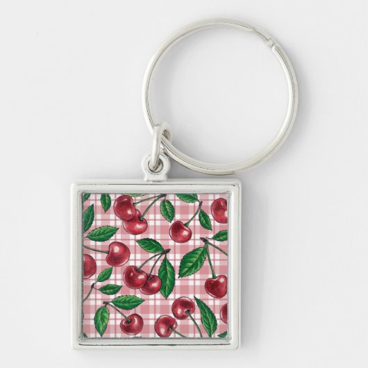 Rode kersen op roze geruit sleutelhanger (Voorkant)